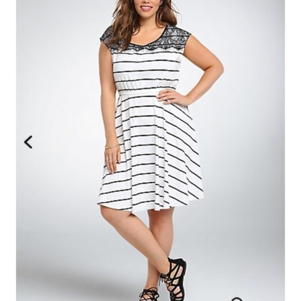 Torrid Skater dress with black stripes and lace